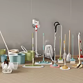 Neatly Arranged Household Cleaning Tools In Various Colors Including Mops Buckets And Brooms