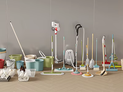 Neatly Arranged Household Cleaning Tools In Various Colors Including Mops Buckets And Brooms 3d model
