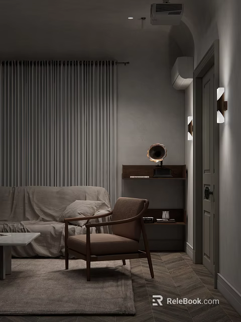 Brown Lounge Chair With Gray Striped Wall And Light Fabric Sofa In Cozy Living Room 3d model 