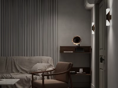 Brown Lounge Chair With Gray Striped Wall And Light Fabric Sofa In Cozy Living Room 3d model