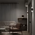 Brown Lounge Chair With Gray Striped Wall And Light Fabric Sofa In Cozy Living Room