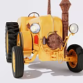 Vintage Yellow Tractor Model Featuring Large Black Wheels Red Panel And Chimneys
