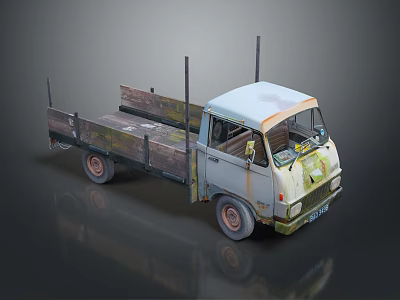 Old Rusty Blue And White Truck With Open Bed And Metal Rails 3d model