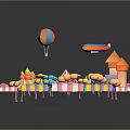 Modern Amusement Park Scene With Carousel Colorful Buildings Balloons And Umbrella Decorations