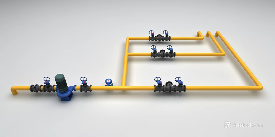 Yellow Pipes System With Multiple Valves In Plumbing Layout Design 3d model 