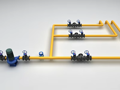 Yellow Pipes System With Multiple Valves In Plumbing Layout Design 3d model