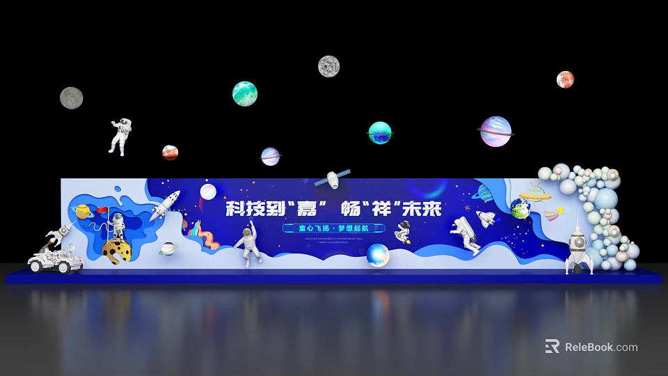 Sci Fi Themed Photo Check in Spot With Astronaut Figures Planets And Rocket Models 3d model 