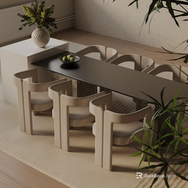 Modern Dining Table Set With Black Table Top Beige Chairs And Green Plants 3d model