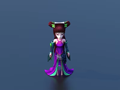 Game and Movie Character With Double Bun Hairstyle Purple Green Long Dress And Decorative Headpiece 3d model
