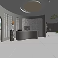 Modern Reception Desk with Circular Ceiling Light Stone Backdrop Green Plants and Mannequin