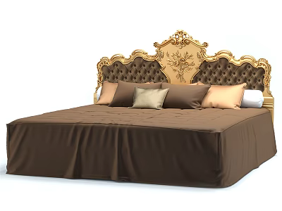 Luxurious Double Bed with Ornate Gold Carved Headboard and Brown Bedding Pillows 3d model