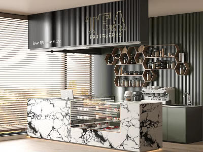 Modern Tea Shop Interior With TEA Sign Honeycomb Shelves And Marble Counter 3d model
