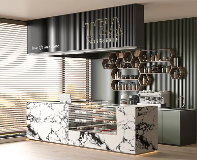 Modern Tea Shop Interior With TEA Sign Honeycomb Shelves And Marble Counter 3d model