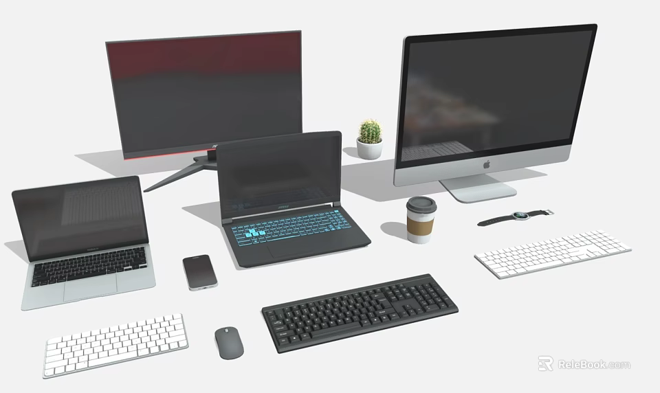 Modern Computer Workspace With Laptops Desktop Keyboards Mouse And Tech Accessories 3d model 