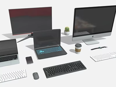 Modern Computer Workspace With Laptops Desktop Keyboards Mouse And Tech Accessories 3d model