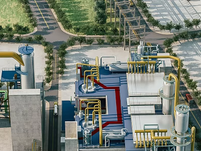 Aerial View Industrial Factory Exterior With Yellow Pipes Equipment Roads And Greenery 3d model
