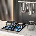 Modern Kitchen Gas Stove With Blue Flames Stainless Steel Pot Strainer And Hanging Utensils