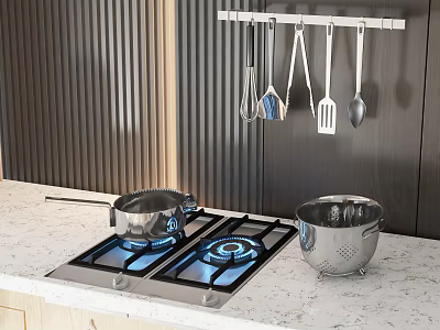 Modern Kitchen Gas Stove With Blue Flames Stainless Steel Pot Strainer And Hanging Utensils 3d model