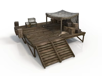 Rustic Wooden Platform With Stairs Canopy Crates And Cage Structure 3d model