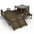 Rustic Wooden Platform With Stairs Canopy Crates And Cage Structure 3d model