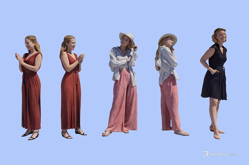 Multiple Women Modeling Various Fashion Outfits Including Long Dresses Wide Leg Pants And Hats 3d model 