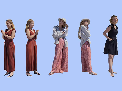 Multiple Women Modeling Various Fashion Outfits Including Long Dresses Wide Leg Pants And Hats 3d model
