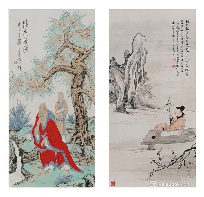 Traditional Chinese Paintings With Monk Lady Trees Rocks And Plum Blossoms 3d model 