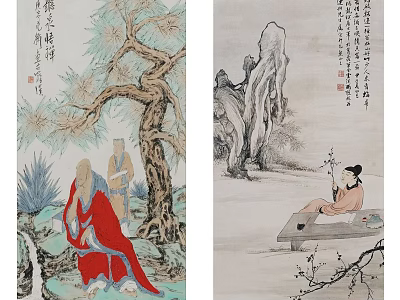 Traditional Chinese Paintings With Monk Lady Trees Rocks And Plum Blossoms 3d model