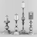 Four Decorative Candle Holders With Metallic Stands Carved Bases And Glass Shades