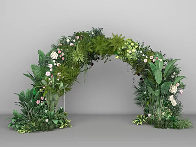 Lush Green Event Entrance Arch Decorated With Tropical Foliage And White Flowers 3d model