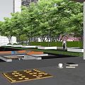 Modern Garden Landscape Covered Entrance With High Rise Buildings Green Plants And Lawn