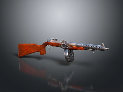 Vintage Submachine Gun With Wooden Stock And Drum Magazine Metallic Body Classic Design 3d model