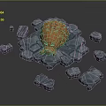 Orange Spiky Object On Blue Ice Like Platform With Scattered Blue Blocks