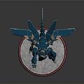 3D Model Mechanical Creature With Blue Armor And Winged Structure On Circular Base