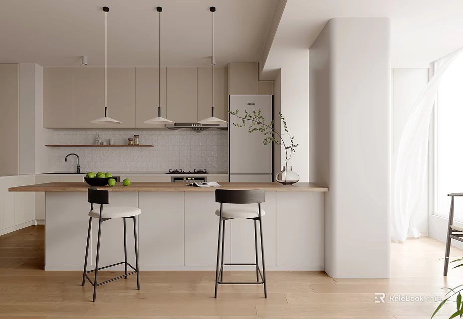 Modern Kitchen Interior With Island Counter Stools Pendant Lights And Cabinets 3d model 