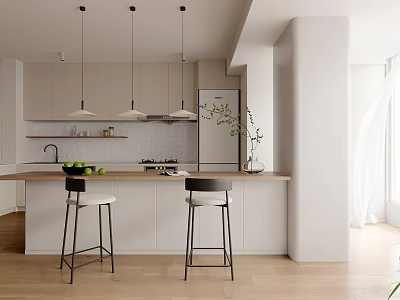 Modern Kitchen Interior With Island Counter Stools Pendant Lights And Cabinets 3d model
