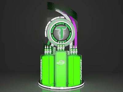 Modern Green Display Stand Featuring Bottles and Top Circular Logo Design 3d model