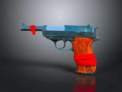 Vintage Pistol With Orange Grip Red Straps And Metal Body On Dark Background 3d model