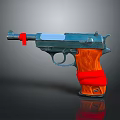 Vintage Pistol With Orange Grip Red Straps And Metal Body On Dark Background