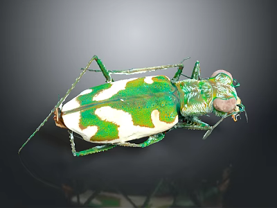 Green and White Tiger Beetle With Metallic Sheen And Long Legs On Dark Background 3d model
