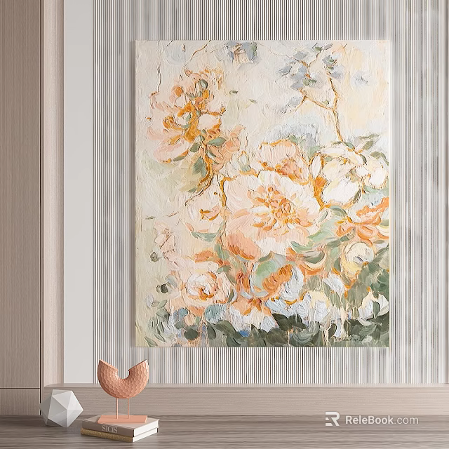 Abstract Floral Painting With Peach White Orange Flowers On Light Background 3d model 