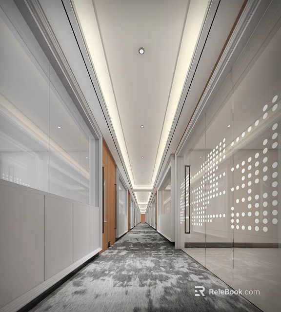 Modern Office Corridor With Dot-Patterned Glass Walls Ceiling Light Strips Gray Carpet Wooden Door Frames 3d model 