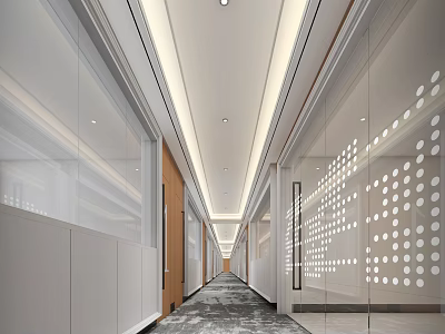 Modern Office Corridor With Dot-Patterned Glass Walls Ceiling Light Strips Gray Carpet Wooden Door Frames 3d model