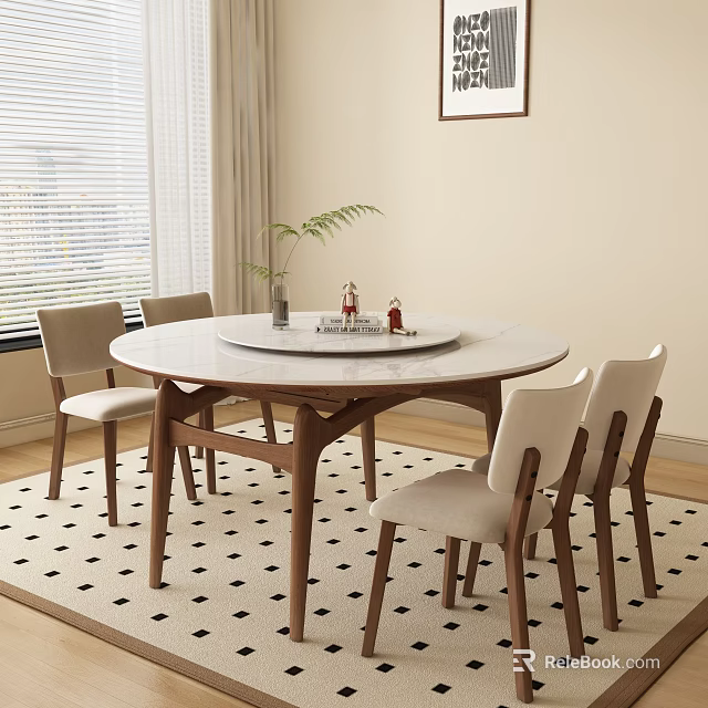 Modern Round Wooden Dining Set With Light Colored Chairs And Decorative Tabletop Items 3d model 
