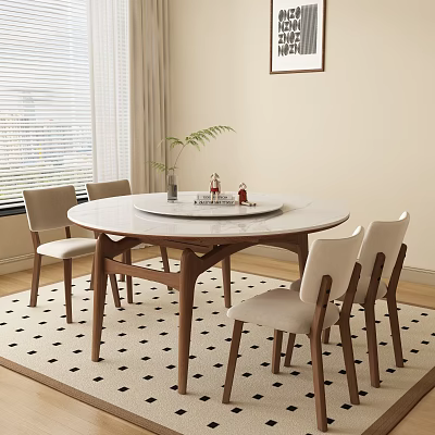 Modern Round Wooden Dining Set With Light Colored Chairs And Decorative Tabletop Items 3d model