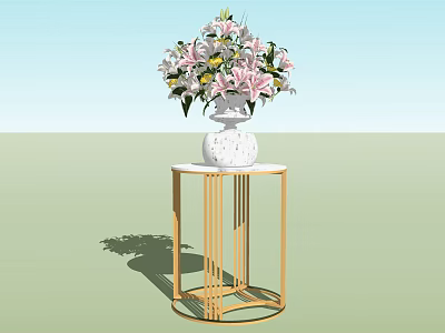 Elegant Flower Arrangement in White Vase on Golden Side Table with Light Blue Green Background 3d model