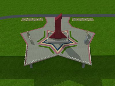 Red Monument Structure With Star Shaped Plaza Symmetrical Design And Green Lawn 3d model