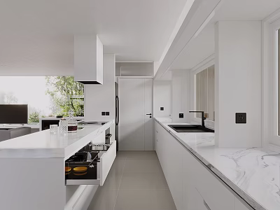 Modern White Kitchen Interior Design With Marble Countertop Cabinets And Appliances 3d model