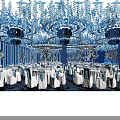 Elegant Blue Themed Banquet Hall with Circular Chandelier White Tables and Floral Decorations