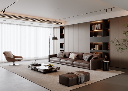 Modern Italian Living Room Sofa Coffee Table Combination Leather Sofa Bookcase Decorative Cabinet Italian Light Luxury Sofa Background Wall Floor Lamp Dreamy Curtain Sofa Stool 3d model